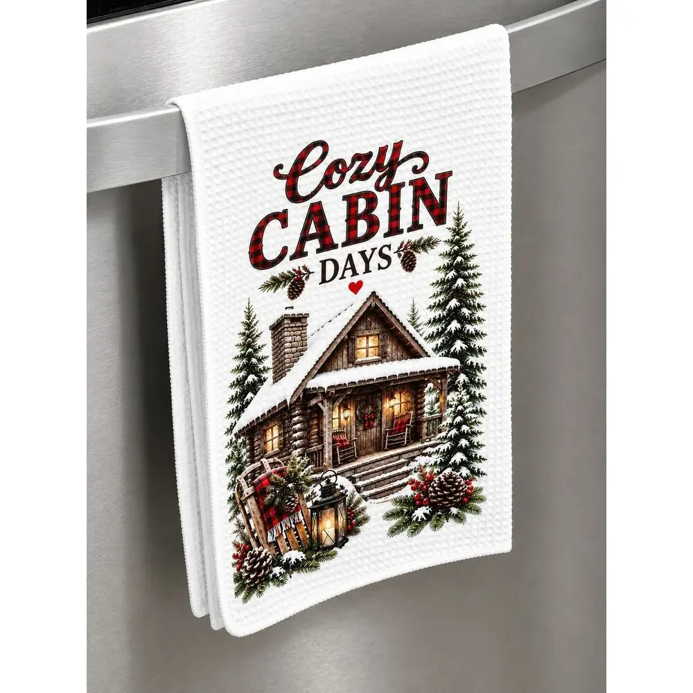 Cozy Cabin Days Winter Kitchen Towel Rustic Farmhouse Snowy Cabin Decor